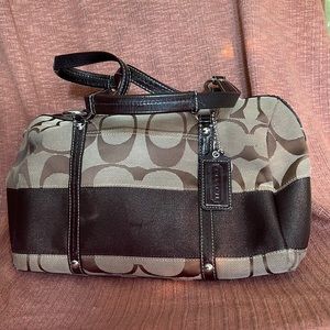 Coach signature khaki stripe canvas leather trim satchel